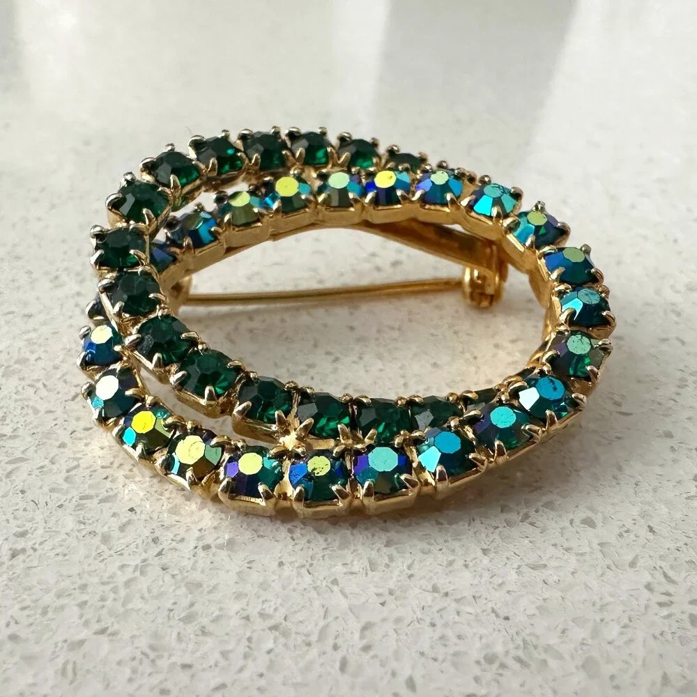 Gold-Tone Green Crystal Double Circle Brooch